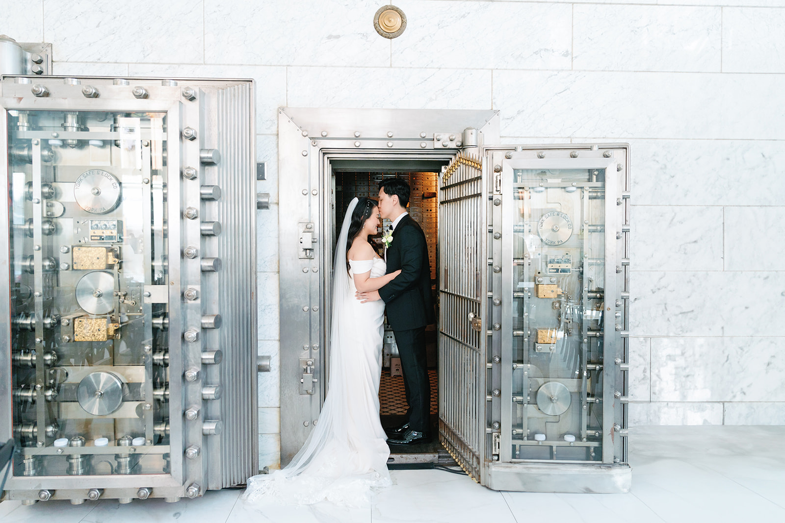 Bride and groom in the vault at their Citizens Ballroom wedding