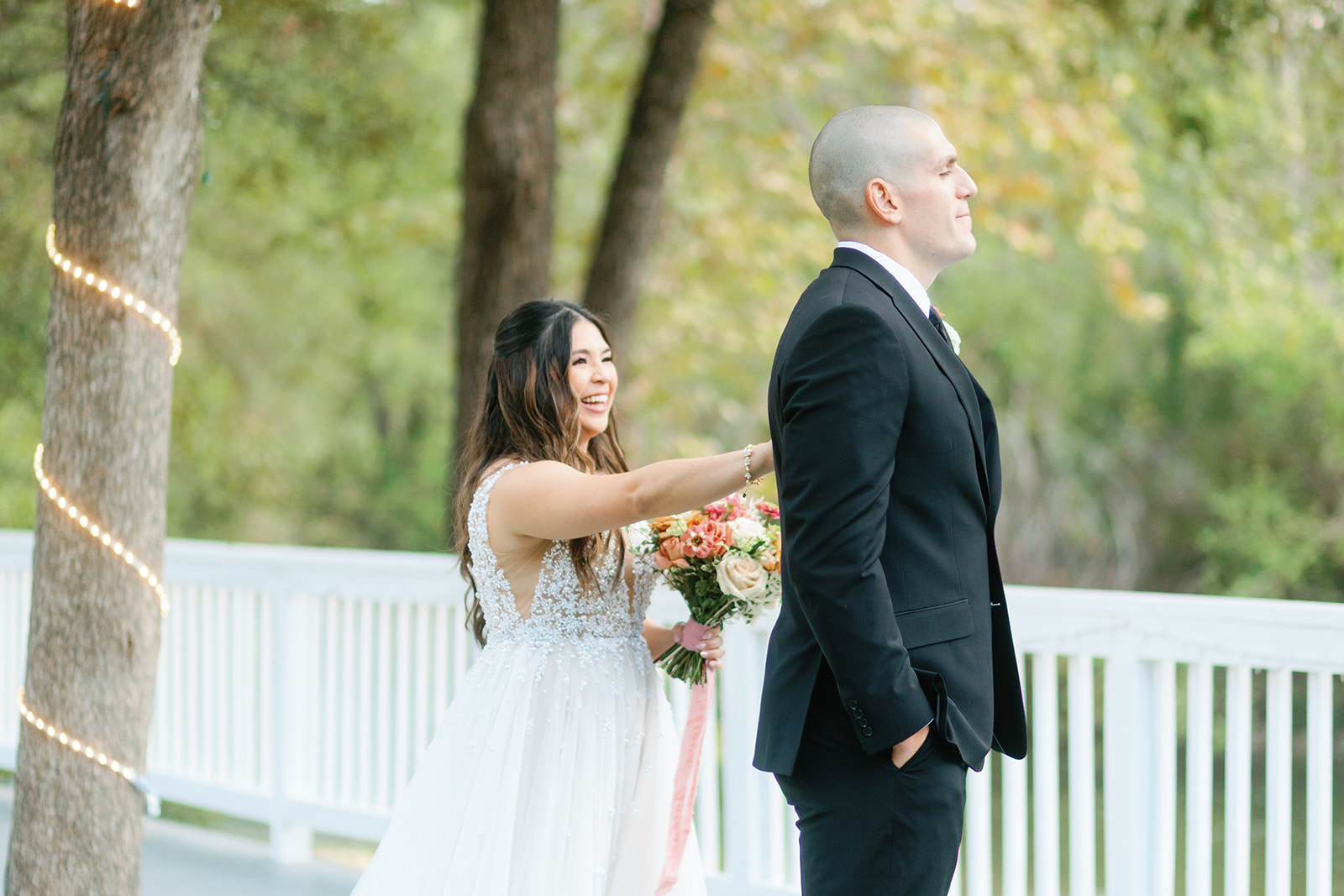 Bride and groom have wedding first look